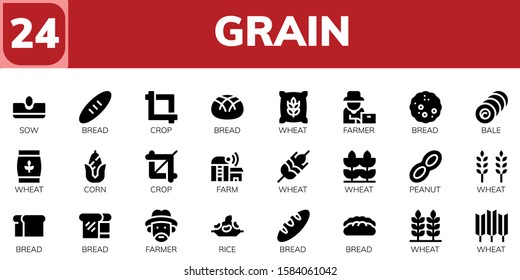 grain icon set. 24 filled grain icons.  Collection Of - Sow, Bread, Crop, Wheat, Farmer, Bale, Corn, Farm, Peanut, Rice icons