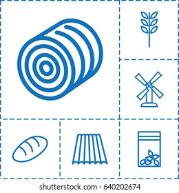 Grain icon. set of 6 grain outline icons such as field, hay, bread, mill, seed bag