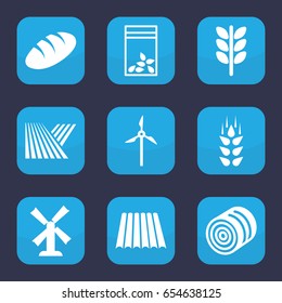 Grain icon. set of 9 filled grain icons such as wheat, field, hay, bread, mill