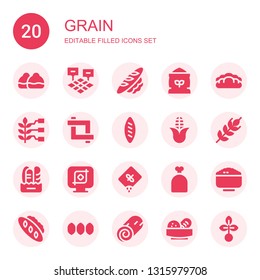 grain icon set. Collection of 20 filled grain icons included Bun, Field, Bread, Flour, Wheat, Crop, Corn, Seed, Sack, Rice, Seeds, Cinnamon roll