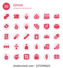 grain icon set. Collection of 30 filled grain icons included Peanut, Bread, Corn, Kanji vadas, Farm, Seed, Rice, Crop, Beans, Cereal, Seeds, Sack, Wheat, Coffee beans, Cinnamon roll