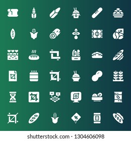 grain icon set. Collection of 36 filled grain icons included Bread, Seed, Corn, Crop, Beans, Field, Sandclock, Rice, Peanut, Protein, Farm, Coffee beans, Cinnamon roll, Kanji vadas