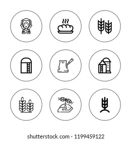 Grain icon set. collection of 9 outline grain icons with baguette, cezve, farmer, harvest, rye, seed, silo icons. editable icons.
