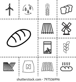 Grain icons. set of 13 editable outline grain icons such as field, bread, seed bag, mill, wheat, harvest