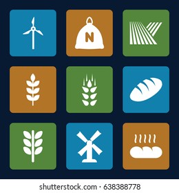 Grain icons set. set of 9 grain filled icons such as wheat, field, sack, bread