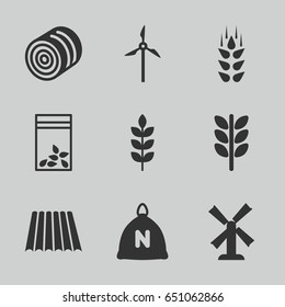 Grain icons set. set of 9 grain filled icons such as wheat, field, sack, hay, mill