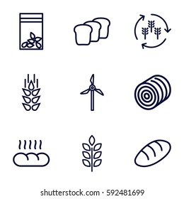grain icons set. Set of 9 grain outline icons such as wheat, harvest, hay, bread, seed bag