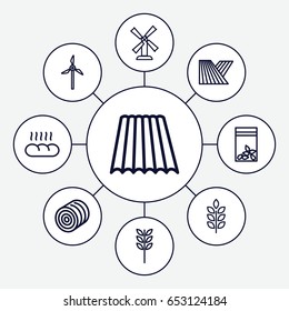 Grain icons set. set of 9 grain outline icons such as wheat, field, hay, mill, seed bag