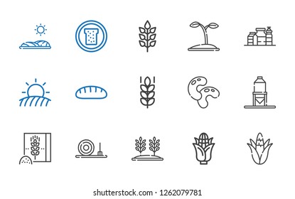 grain icons set. Collection of grain with corn, wheat, straw bale, wheat flour, silo, beans, bread, field, proteins, seed. Editable and scalable grain icons.