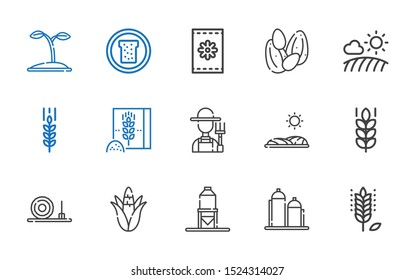 grain icons set. Collection of grain with wheat, silo, corn, straw bale, field, farmer, wheat flour, seeds, bread, seed. Editable and scalable grain icons.