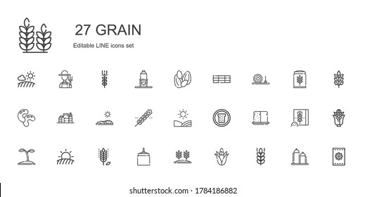 grain icons set. Collection of grain with wheat, corn, oat, field, seed, bread, cereal, proteins, beans, straw bale, hay bale, seeds, silo. Editable and scalable grain icon