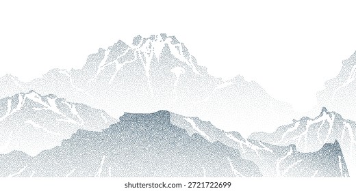 Fundo de montanha de grão com textura de ponto azul em branco. Ilustração vetorial de paisagem de cume de montanha com cumes altos e picos de neve, efeito de spray de cor, design de gradiente de meio-tom, arte de ponto