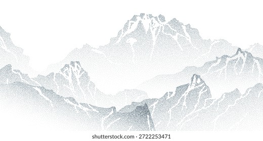 Körniger Berghintergrund mit blauer Punktstruktur auf Weiß. Vektorgrafik der Bergkammlandschaft mit hohen Gipfeln und Schneespitzen, Farbsprayeffekt, Halbtongradientendesign, Punktkunst