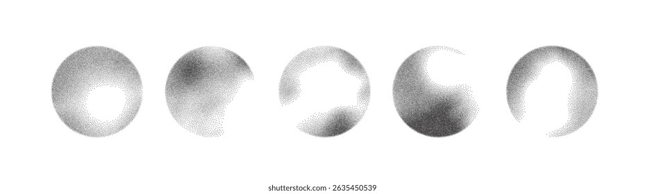 Gradiente de ponto de ruído de grão com spray de padrão de esfera e pincel de sol. Vetor abstrato de meio-tom de dissolução de plano de fundo com quadro e anel redondos. Efeito de tinta de areia granulada com pontilhado eclipse e ponto de partícula