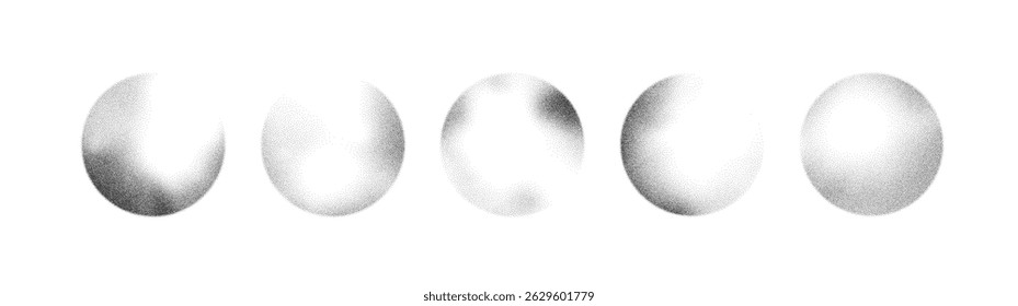 Grain noise dot sphere with gradient spray pattern background vector. Abstract brush round dissolve effect with grainy sand and ink. Sun white black stipple planet fade with halftone shadow ring.