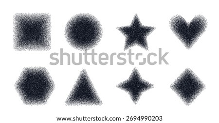 Grain noise gradient geometric shapes set. Grainy diffuse textured black y2k graphic elements. Heart, star and circle dotwork brutalist forms. Vector gritty stickers. Grunge geometry callout figures.