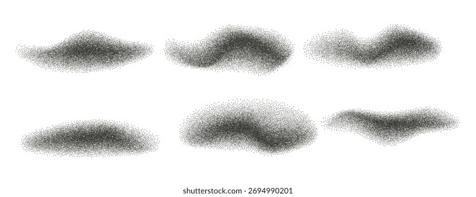 Formas dinâmicas onduladas de gradiente de ruído de grão definidas. Elementos gráficos em preto texturizados com pó. Ponto de argila escura cosmética. Esfoliação orgânica com respingos formas secas. Curvas de areia vetorial. Números do spa Grunge.
