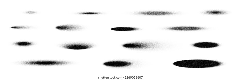 Grain noise shadows round or oval shape vector isolated icons set for shadow background. Shadows with soft edges and grain noise gradient halftone