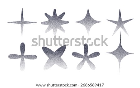 Grain noise star shape abstract y2k style gradient trendy collage vector illustration set. Geometric dot grain noise y2k star stipple effect halftone texture sparkle collection.