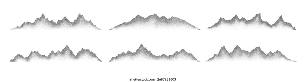 Conjunto de Ilustración vectorial de paisaje de textura de terreno de crestas de cordillera punteadas con ruido de grano. Grunge puntillismo cordillera punteada paisaje efecto semitono forma textura de arena.
