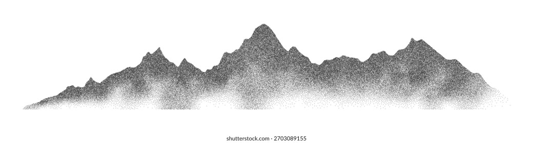 Ruido de grano punteado crestas de la cordillera textura del terreno Ilustración vectorial paisajística. Grunge puntillismo cordillera punteada paisaje efecto semitono forma textura de arena.