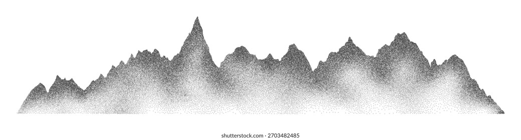 Ruido de grano punteado crestas de la cordillera textura del terreno Ilustración vectorial paisajística. Grunge puntillismo cordillera punteada paisaje efecto semitono forma textura de arena.