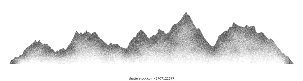 Grain noise stippled mountain range ridges terrain texture landscape vector illustration. Grunge pointillism mountain range stipple landscape halftone effect shape sand texture.