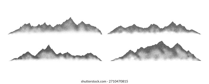 Conjunto de Ilustración vectorial de paisaje de textura de terreno de crestas de cordillera punteadas con ruido de grano. Grunge puntillismo cordillera punteado paisaje efecto semitono forma arena textura colección.