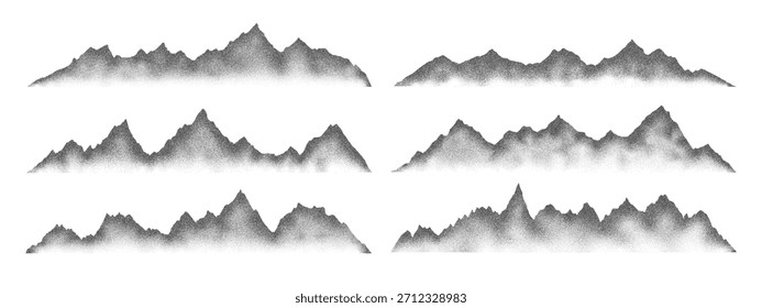 Grain noise stippled mountain range ridges terrain texture landscape vector illustration set. Grunge pointillism mountain range stipple landscape halftone effect shape sand texture collection.