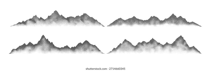 Grain noise stippled mountain range ridges terrain texture landscape vector illustration set. Grunge pointillism mountain range stipple landscape halftone effect shape sand texture collection.