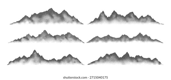 Conjunto de Ilustración vectorial de paisaje de textura de terreno de crestas de cordillera punteadas con ruido de grano. Grunge puntillismo cordillera punteado paisaje efecto semitono forma arena textura colección.