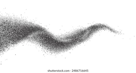 Grain noise wave of black sand grainy dust dots, vector background. Abstract grain noise wave with wavy tail spray splatter effect