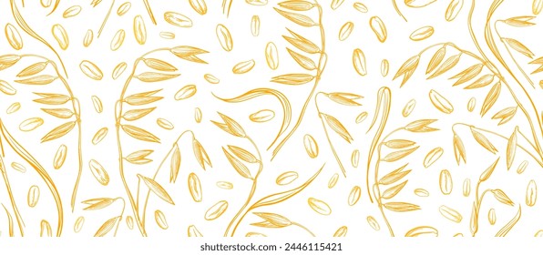 Grain of oats field. Golden wheat, spelt texture background. Agriculture straw. Vector endless pattern. Graphic style for food print, milk design, wrapping paper for bread