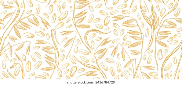 Grain of oats plants. Vector seamless pattern. Wheat, spelt field background. Agriculture straw. Graphic style for package, milk design, wrapping paper for bread