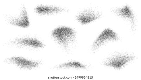 Grain paint spray noise or dust brush and black sand particles, vector abstract shape effects. Paint airbrush wavy sprays in graffiti ink style with grain noise texture of black dots and grainy dust