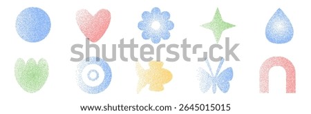Grain pastel colors noise gradient geometric shape set. Y2k retro heart, drop and fish with flower forms. Gritty grunge butterfly and star icons on white background. Vector stippling illustration.