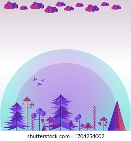 Grain pattern with purple forest background with birds and sky with gradient violet clouds 