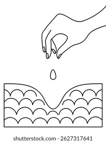 Grain planting diagram. Hand throws a seed into a hole dug in dug soil. Sketch. Vector illustration. Outline on an isolated white background. Doodle style. Coloring book for children. 