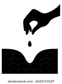 Grain planting diagram. Hand throws a seed into a hole dug in dug soil. Silhouette. Vector illustration. Cartoon style. Isolated white background. Idea for web design.
