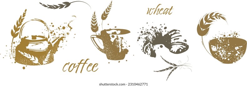 Grain plants silhouettes and cereal bowls. Coffee cups, beans and breakfast elements. Wheat, barley and ears of corn. Vector sketch illustration for food packaging design template.