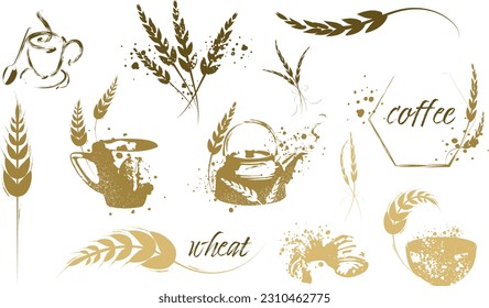 Grain plants silhouettes and cereal bowls. Coffee cups, beans and breakfast elements. Wheat, barley and ears of corn. Vector sketch illustration for food packaging design template.