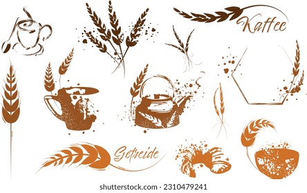 Grain plants silhouettes and cereal bowls. Coffee cups, beans and breakfast elements. Wheat, barley and ears of corn. Vector sketch illustration for food packaging design template.