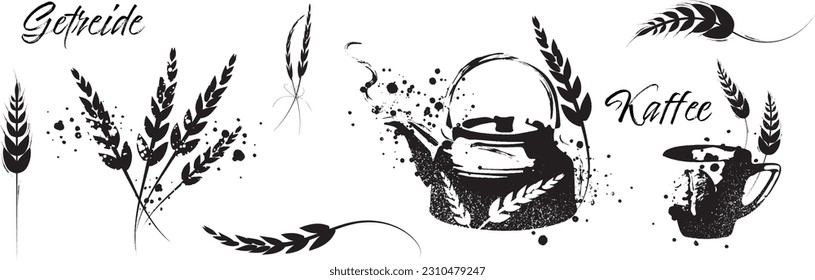 Grain plants silhouettes and cereal bowls. Coffee cups, beans and breakfast elements. Wheat, barley and ears of corn. Vector sketch illustration for food packaging design template.