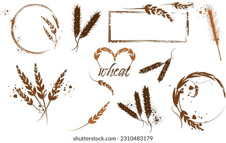 Grain plants silhouettes and cereal bowls. Coffee cups, beans and breakfast elements. Wheat, barley and ears of corn. Vector sketch illustration for food packaging design template.