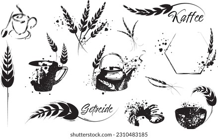 Grain plants silhouettes and cereal bowls. Coffee cups, beans and breakfast elements. Wheat, barley and ears of corn. Vector sketch illustration for food packaging design template.