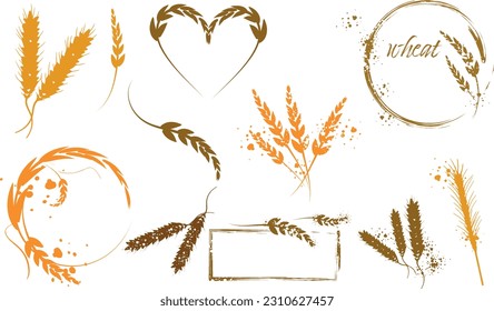 Grain plants silhouettes and cereal bowls. Coffee cups, beans and breakfast elements. Wheat, barley and ears of corn. Vector sketch illustration for food packaging design template.