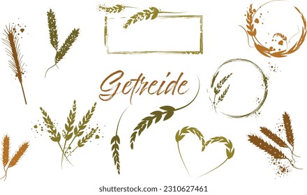 Grain plants silhouettes and cereal bowls. Coffee cups, beans and breakfast elements. Wheat, barley and ears of corn. Vector sketch illustration for food packaging design template.