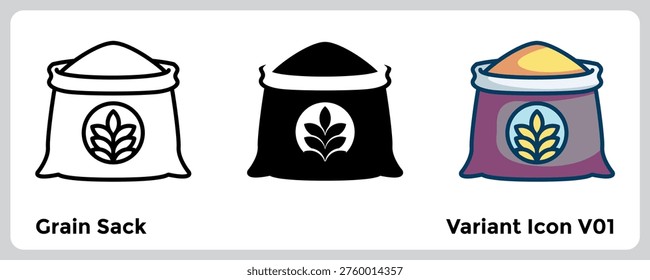 Grain Sack icon for visualizing bulk crop storage, post harvest handling, and raw material supply within food manufacturing and agriculture graphics. Line, Filled, Color style.