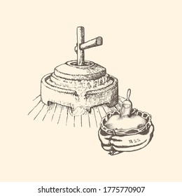 Ilustración gráfica del saco de molino y grano en vector. Esbozo dibujado a mano de las cosas de molinos en estilo de grabado.