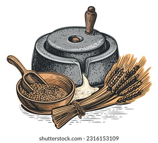 Grain sack and millstone, wheat. Flour production concept. Vector illustration